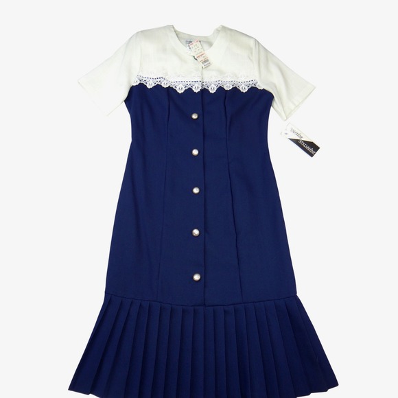 Sunshine Starshine Dresses & Skirts - NWT Vintage Sunshine Starshine Women Navy White Pleated Drop Lace Waist Dress 12
